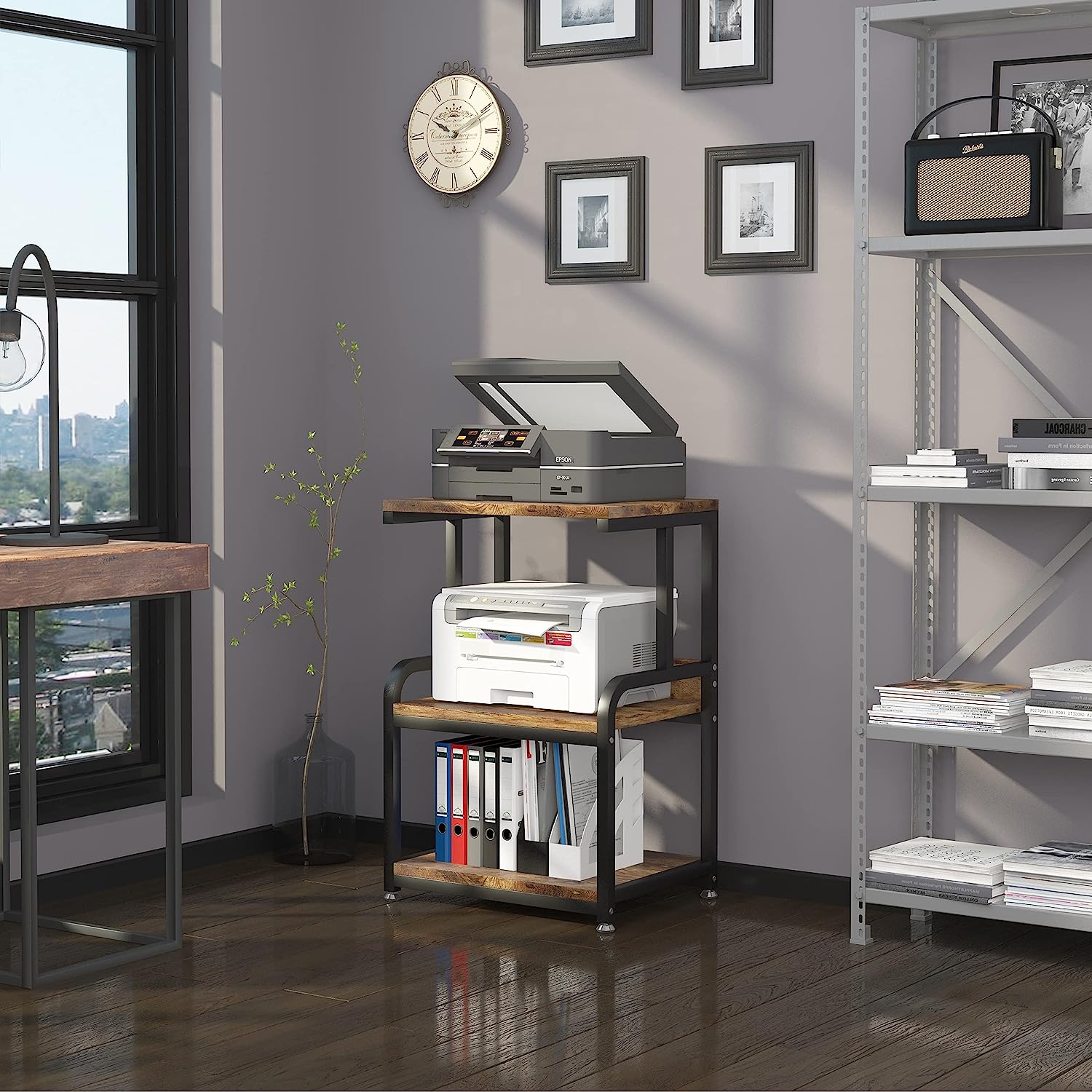 HOUYISHEYUE Home Printer Stand Vintage Printer Stand with 3 Tier Wood Storage Shelves Multi-Purpose Desk Organizer for Fax Machine, Scanner, Files, Books with Adjustable Anti-Skid Feet (Brown) - Image 4